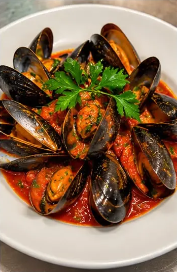 Black mussels steamed in tomato sauce, garnished with parsley