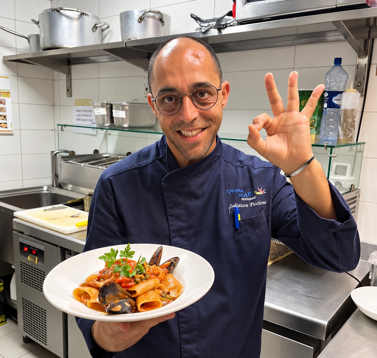 Chef Patron Salvatore Piccione with a dish in the kitchen